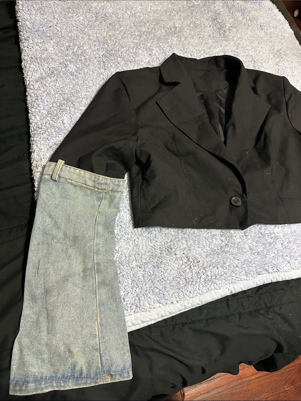 Black Cropped Blazer with Light Wash Denim Bell Sleeve